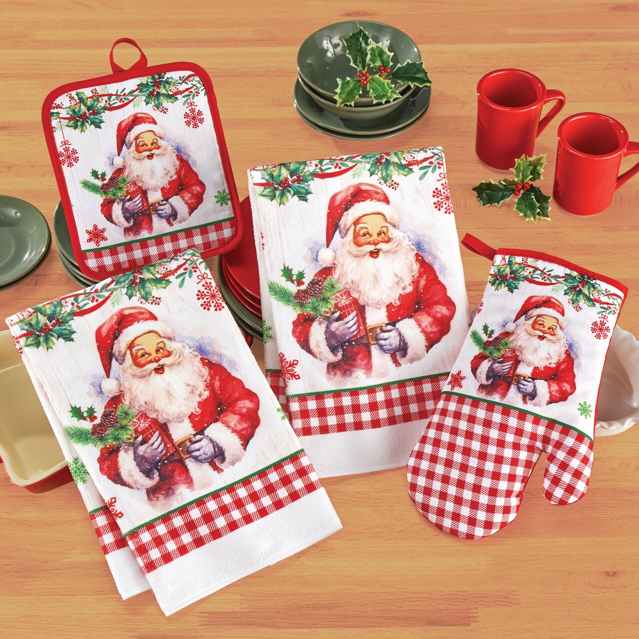 Collections Etc 4 Piece Santa Kitchen Christmas Accessory Towel Set